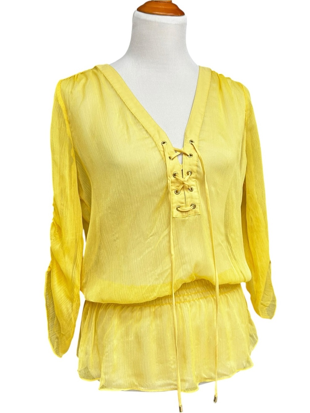 Cache Sheer Yellow Lace-Up Peasant Blouse Medium, Y2K Glam Sheer Summer Top
